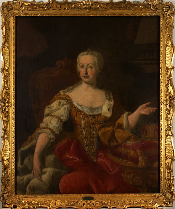 <h5 style='font-size:1rem;font-weight: 800;'>Reina María Teresa de Austria, 1743</h5><h6 style='font-size:.8rem;font-weight: 100;'>Carl Van Loo (1703 - 1768)</h6><h6 style='font-size:.8rem;font-weight: 100;'>Representa su tercer coronación, como Reina de Hungría en 1743</h6><h6 style='font-size:.8rem;font-weight: 100;'>Óleo sobre tela</h6>